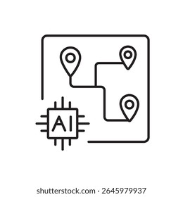 A vector icon of a delivery route with multiple destinations and AI chip, representing multi-address delivery using artificial intelligence, created in line style with editable stroke