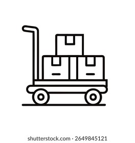 Ícone de vetor de um carrinho de entrega empilhado com caixas de encomendas, ilustrado em estilo de contorno limpo em um fundo branco.