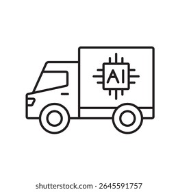 Um ícone vetorial de um caminhão de entrega com um chip de IA, representando o transporte inteligente alimentado por inteligência artificial, criado em estilo de linha com traço editável.