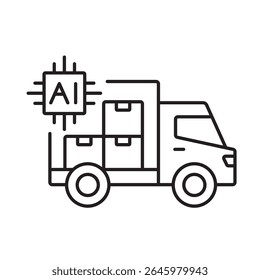 A vector icon of a delivery truck loaded with boxes and an AI chip, representing optimized cargo transport with artificial intelligence, created in line style with editable stroke