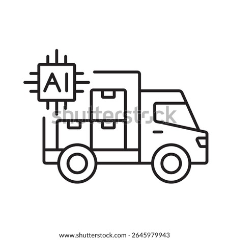 A vector icon of a delivery truck loaded with boxes and an AI chip, representing optimized cargo transport with artificial intelligence, created in line style with editable stroke