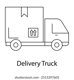 Vector icon for delivery truck. Outline illustration of a delivery vehicle with a box on top, ideal for transportation, shipping, and logistics designs.