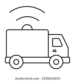 Vektorsymbol für Lieferwagen mit drahtlosem Signal. Handgezeichnetes Symbol, das einen Lastkraftwagen mit einem drahtlosen Signal anzeigt, das die angeschlossene Lieferung darstellt.