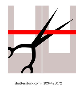 Vector icon denoting the opening of a store, office, cafe or club, scissors cut a red ribbon against the background of stylized doors 