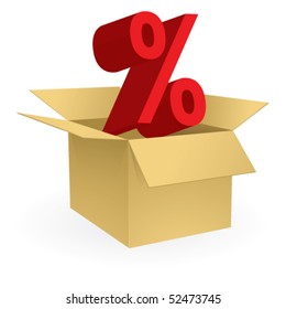 Vector icon depicting a big percentage sign emerging from an open box