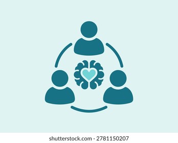 A vector icon depicting a brain and heart combined symbol at the center, linked to three people in a circular arrangement, representing community mental health and emotional balance.