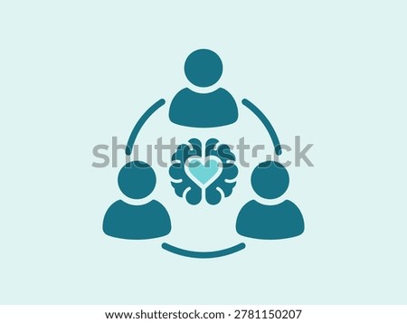 A vector icon depicting a brain and heart combined symbol at the center, linked to three people in a circular arrangement, representing community mental health and emotional balance.