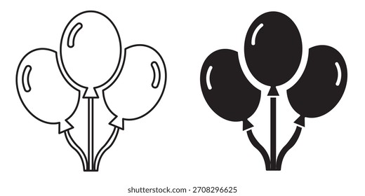 Ícone de vetor representando um grupo de três balões festivos amarrados juntos. Elemento gráfico essencial para festas de aniversário, celebrações, aniversários e designs divertidos de decoração de eventos.