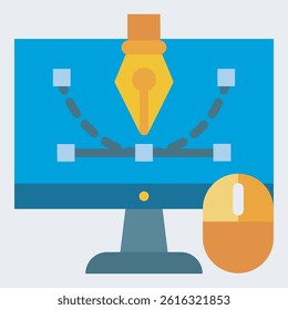 A vector icon depicting a computer screen displaying a design pen tool and path, with a mouse alongside