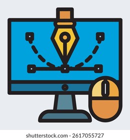 A vector icon depicting a computer screen displaying a design pen tool and path, with a mouse alongside.