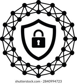 A vector icon depicting cyber security, data protection, and network safety with a shield, padlock, and interconnected node network.