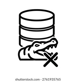 Vector icon depicting a database with a crocodile and prohibition symbol, representing data security, access denial, or protection. Ideal for cybersecurity, IT infrastructure, or digital safety contexts.