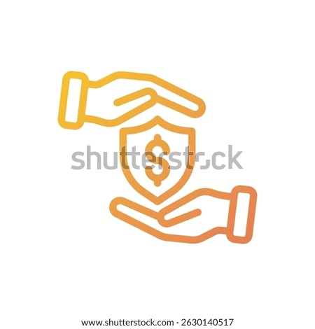 A vector icon depicting financial protection, with hands cupping a shield featuring a dollar sign. The illustration uses a gradient of orange hues