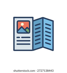 A vector icon depicting an open trifold brochure with a landscape graphic, rendered in a flat, modern style.