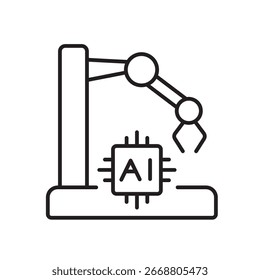 Un ícono de Vector que representa un brazo robótico con un chip de IA, que simboliza la automatización y la inteligencia artificial en la manufactura, creado en estilo de línea con un trazo editable