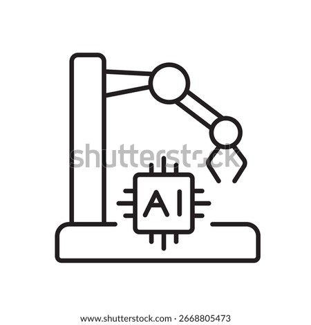 A vector icon depicting a robotic arm with an AI chip, symbolizing automation and artificial intelligence in manufacturing, created in line style with editable stroke