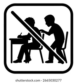 A vector icon depicting a student looking over another's shoulder, with a "no cheating" symbol, signifying that academic dishonesty is prohibited during an exam.