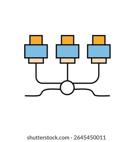 Um ícone de vetor que representa três conectores retangulares ou módulos ligados por linhas a um hub circular central, simbolizando um divisor de rede ou uma distribuição de dados.