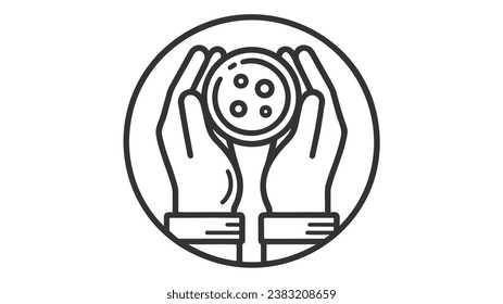 Vector icon depicting two hands holding a petri dish with multiple dots or samples inside. The icon is enclosed within a circular border.