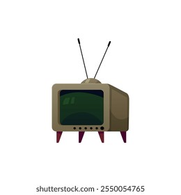 Um ícone vetorial representando uma TV vintage com um monitor com pernas e botões de madeira. Design retro com tela vintage e antena em um fundo branco.