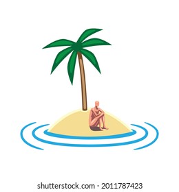 Vector Icon Of A Desert Island With A Palm Tree And A Shipwrecked Man.