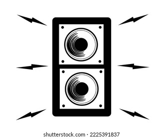 vector icon design of an active speaker with two bass holes on top and bottom with effects all around making sound