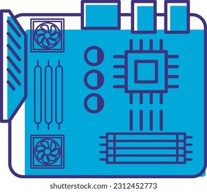 a vector icon design of a blue motherboard that gives a minimalist and simple impression, this design has described in sufficient detail the parts of the motherboard.