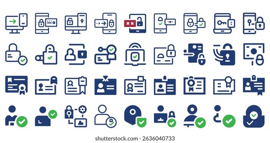 Design de ícone de vetor para credenciais digitais e autorização segura. Inclui Shield, Bloqueio Biométrico, Acesso a Senhas e Conceitos de MFA para UI e Branding de Tecnologia
