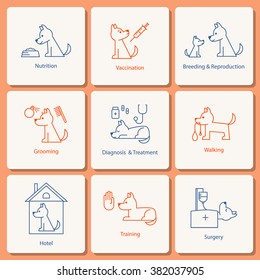 Vector icon design for pet  service, vet hospital, veterinary clinic.  Set of pictograms - grooming, walking, training, pet hotel, nutrition, breeding, reproduction, vaccination, diagnosis, treatment.
