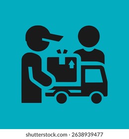 Vector icon design of professional delivery person wearing neat uniform, carrying package, with friendly expression, minimalist and modern style, suitable for logistics and delivery service applicatio