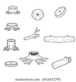 vector icon design set bundle of wooden tree trunks, stumps and trunks, pieces of wood flat cartoon vector illustration. Branches cut wood and firewood, woodcutting materials, twigs
