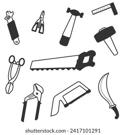 vector icon design set of carpentry tools, saw, screwdriver, scissors, pliers, ax etc