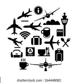 Vector icon design-Silhouette illustration for airplanes, signs of airport facilities in monochrome.