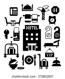 Vector icon design-Silhouette illustration for hotel service set in monochrome-reception, reservation, morning call, cleaning and concierge for web and mobile application. 