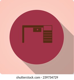 Vector icon "desk" on a red circle with a long shadow