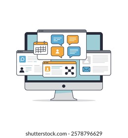 Vector icon of a Desktop computer with multiple team collaboration apps