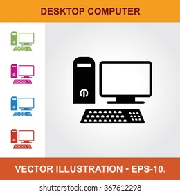 Vector Icon Of Desktop Computer With Title & Small Multicolored Icons. Eps-10.