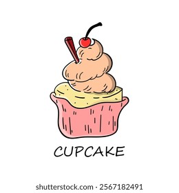 Vector icon for dessert cupcake. Minimalist hand-drawn design featuring a cupcake with decorative frosting and toppings.