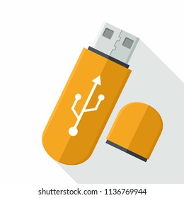 Vector icon of the device USB flash drive. USB flash drive yellow
with a sign of connection.