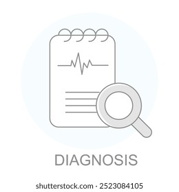 Ícone de vetor para Diagnóstico. Lupa sobre o relatório médico, representando o diagnóstico e o exame de saúde.