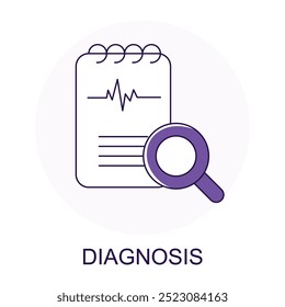 Ícone de vetor para Diagnóstico. Lupa sobre o relatório médico, representando o diagnóstico e o exame de saúde.