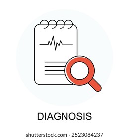 Vector icon for Diagnosis. Magnifying glass over medical report representing health diagnosis and examination.