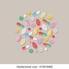 Icono vectorial de diferentes pastillas, cápsulas de estilo plano dispuestas en un círculo para el fondo