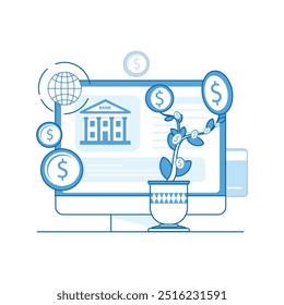 Ícone de vetor para banco digital e investimento financeiro. Possui um computador com moedas e uma fábrica de dinheiro em crescimento para simbolizar o crescimento da banca, do investimento e da finança on-line.