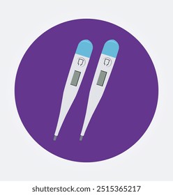 Vector icon for a digital body temperature measuring device, flat design concept with a purple round background