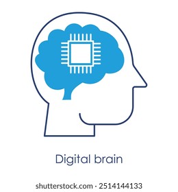 Vektorsymbol für das digitale Gehirn. Ein Kopf mit einem Zahnrad, das kognitive Datenverarbeitung in einem blauen monochromen Stil symbolisiert und fortschrittliche KI- und neuronale Technologie darstellt.