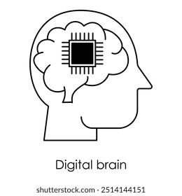 Vector icon for Digital brain. A head with a cog symbolizing cognitive computing in a blue monochrome style, representing advanced AI and neural technology.