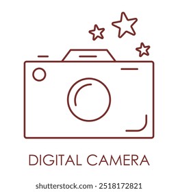 Vektorsymbol für eine Digitalkamera. Zeigt eine Kompaktkamera mit einem Objektiv, das für die Aufnahme hochwertiger Fotos und Videos entwickelt wurde und sich ideal für moderne Fotografie eignet.