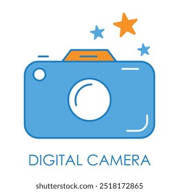 Vektorsymbol für eine Digitalkamera. Zeigt eine Kompaktkamera mit einem Objektiv, das für die Aufnahme hochwertiger Fotos und Videos entwickelt wurde und sich ideal für moderne Fotografie eignet.