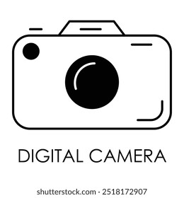 Vektorsymbol für eine Digitalkamera. Zeigt eine Kompaktkamera mit einem Objektiv, das für die Aufnahme hochwertiger Fotos und Videos entwickelt wurde und sich ideal für moderne Fotografie eignet.